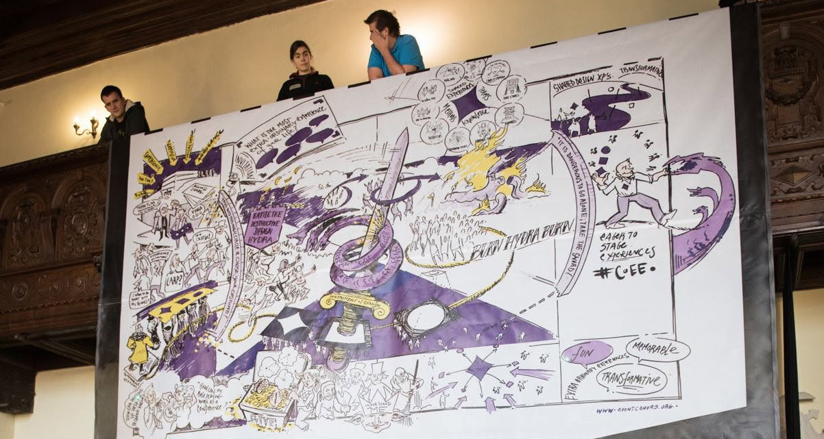 Participants sharing a large illustrated collaborative mural