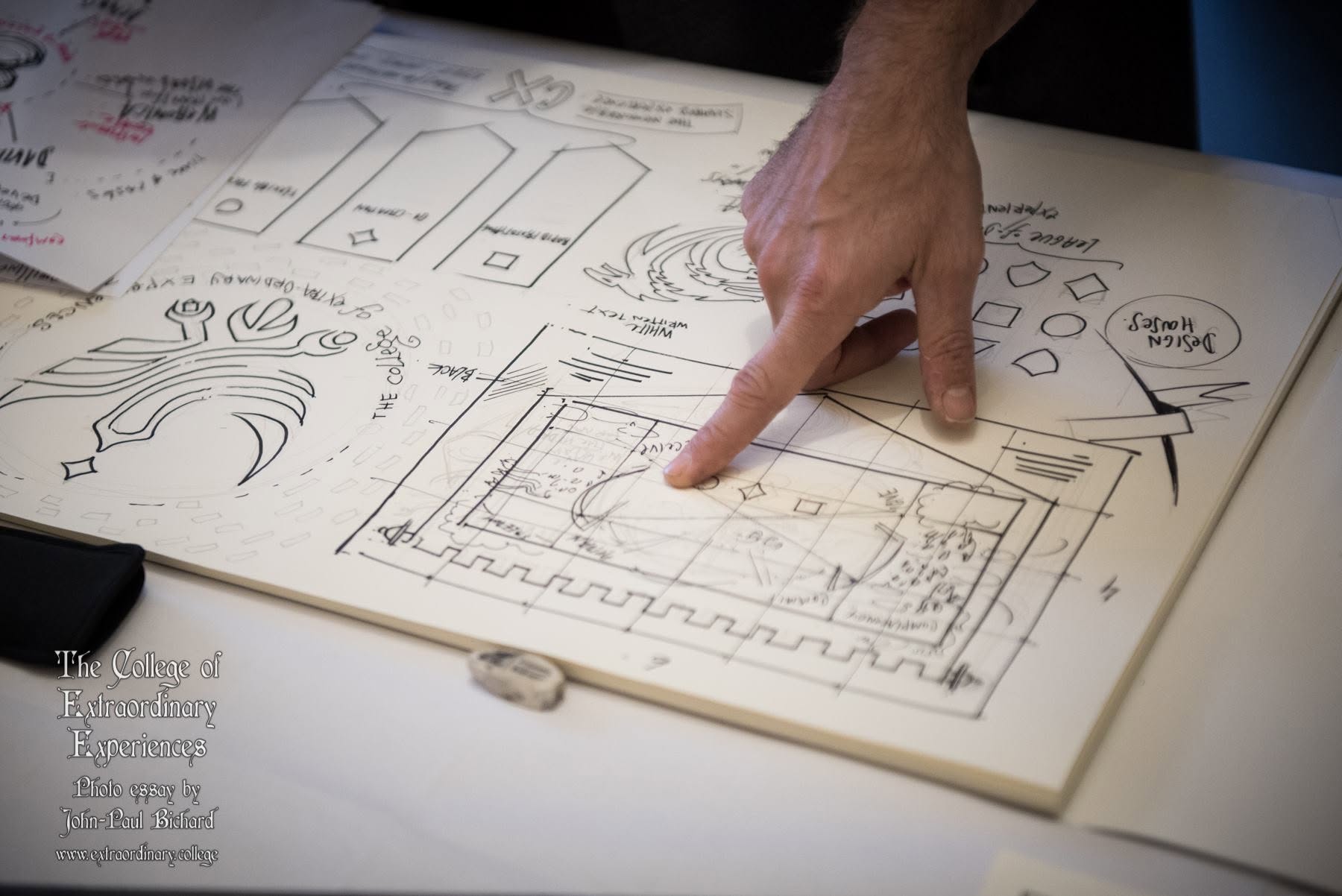 A participant pointing to ideas and drawings on a shared worksheet