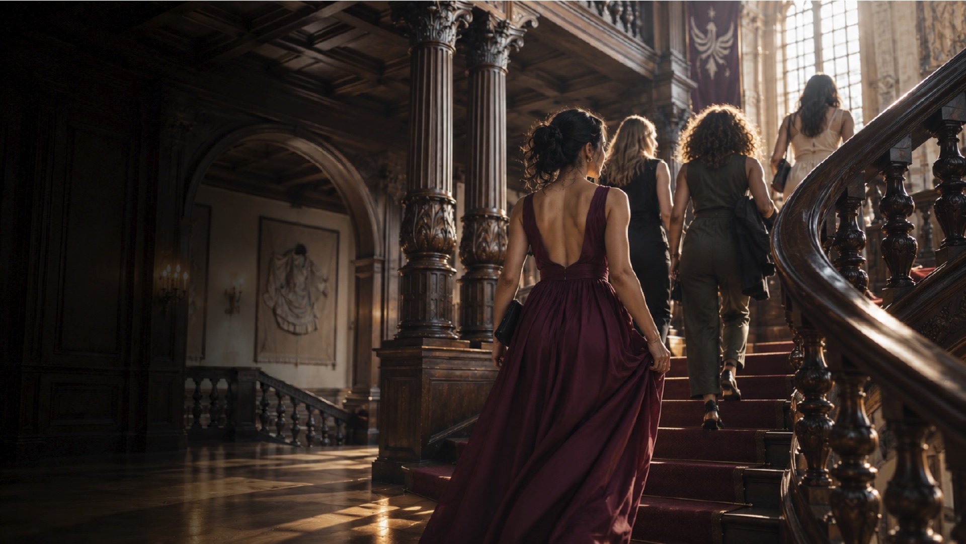 Women walking up the grand castle staircase